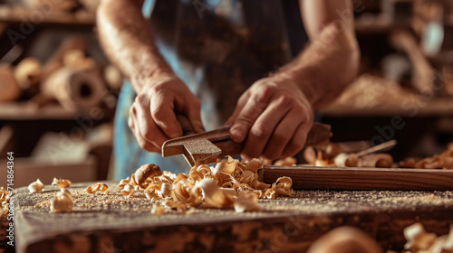  carpenter's hands, intricately shaping a piece of walnut wood with a hand plane. Fine wood shavings curling up, the texture of the wood grain sharply in focus