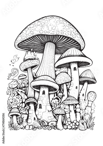 Mushrooms vector doodle illustration, coloring page for adults