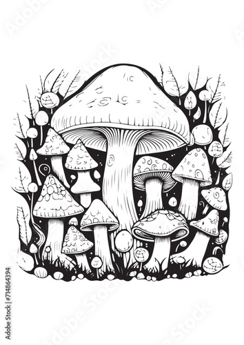 Mushrooms vector doodle illustration, coloring page for adults