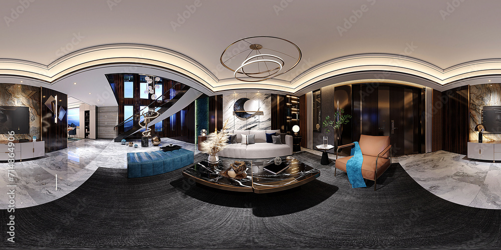 360 degrees living room. 3d render of modern luxury living room, apartment house.  - obrazy, fototapety, plakaty 