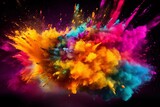 Dust explosion with rainbow powder. Abstract powder paint, splash paint, explosion texture, cloud creative dust, wallpaper concept. Design of rainbow smoke ink . Isolated Black  Background