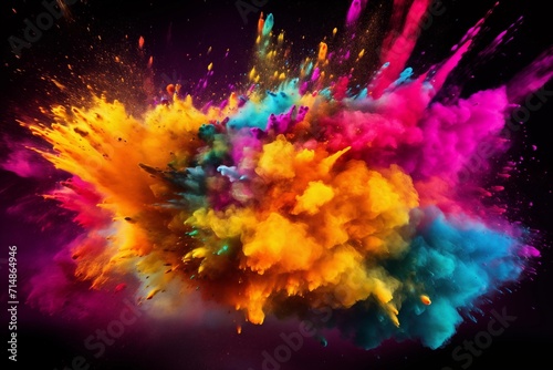 Dust explosion with rainbow powder. Abstract powder paint  splash paint  explosion texture  cloud creative dust  wallpaper concept. Design of rainbow smoke ink . Isolated Black  Background