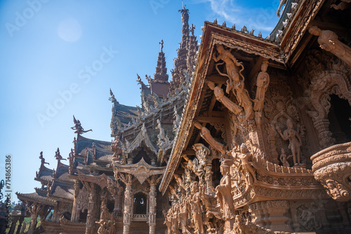 Sanctuary of Truth wooden temple in Pattaya Thailand is a gigantic wood construction located at the cape of Naklua Pattaya City. Sanctuary of Truth temple.  © dtatiana