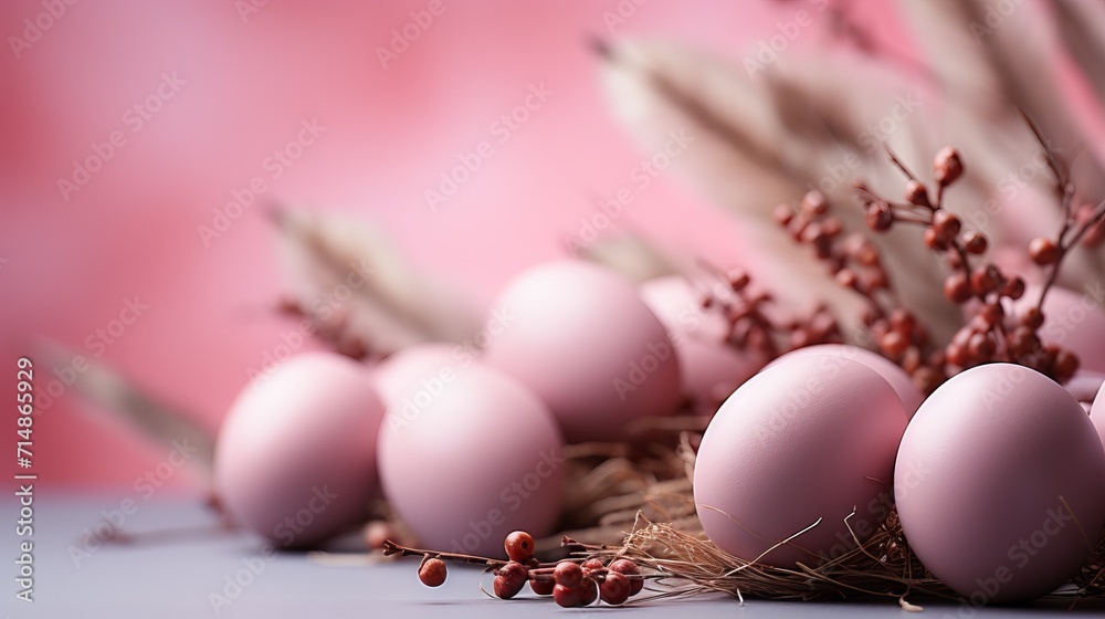 Decorated chicken eggs in delicate shades for the festive Easter table. Minimalistic background with copy space
