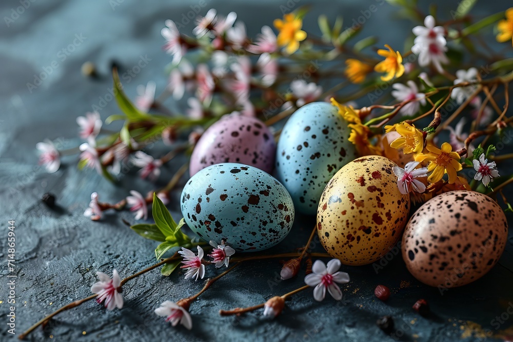 Obraz premium painted quail Easter eggs with spotted patterns, located on a dark stone background among spring flowers and green twigs. 
