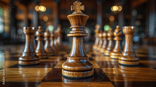 A Handcrafted Wooden Chess Set Mid-Game, with Focus on the Queen and King Pieces