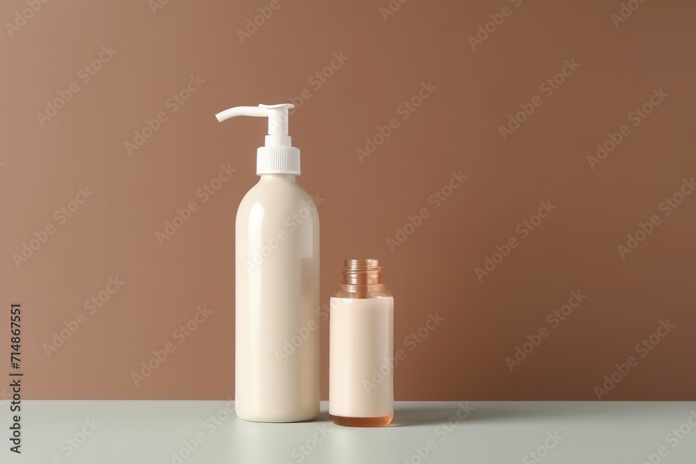 Minimalist skincare bottles on a beige background. Minimalist skincare bottles on a beige background.