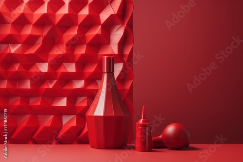 Minimalist red still life with geometric background  bottle  and sphere.