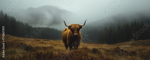Highland cow with misty mountain in the background © thejokercze