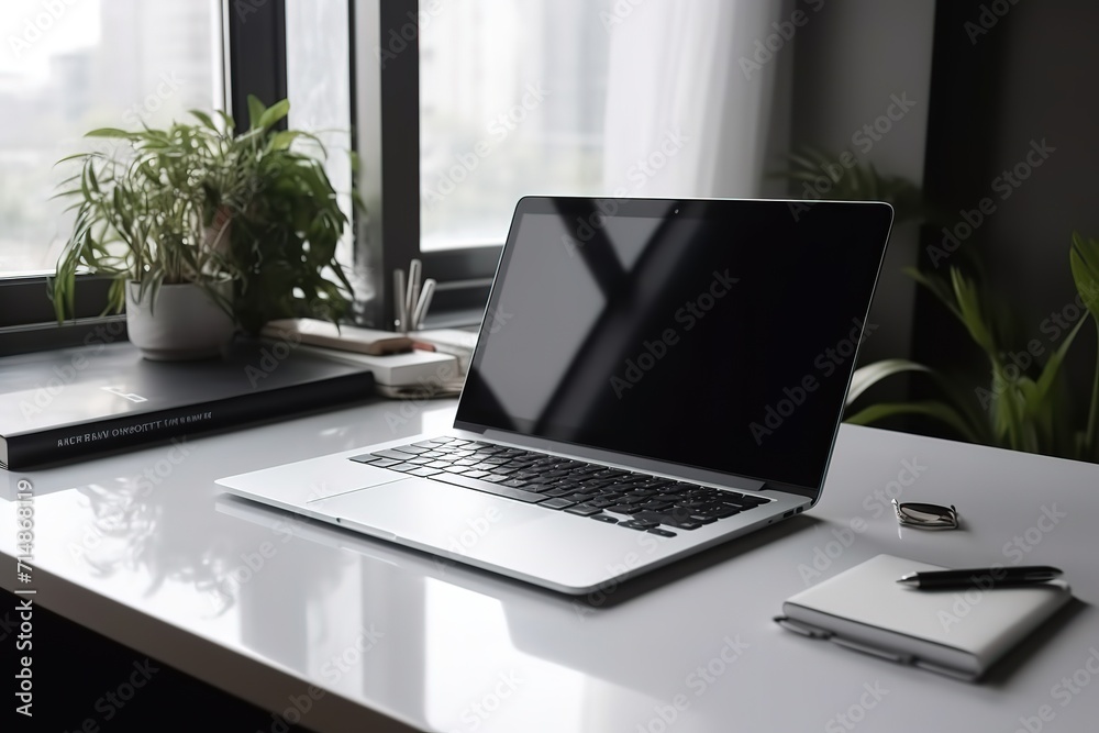 Modern home office setup with laptop, notebook, and decorative plants on a wooden desk, natural light. Modern home office setup with laptop, notebook, and decorative plants on a wooden desk, natural light.