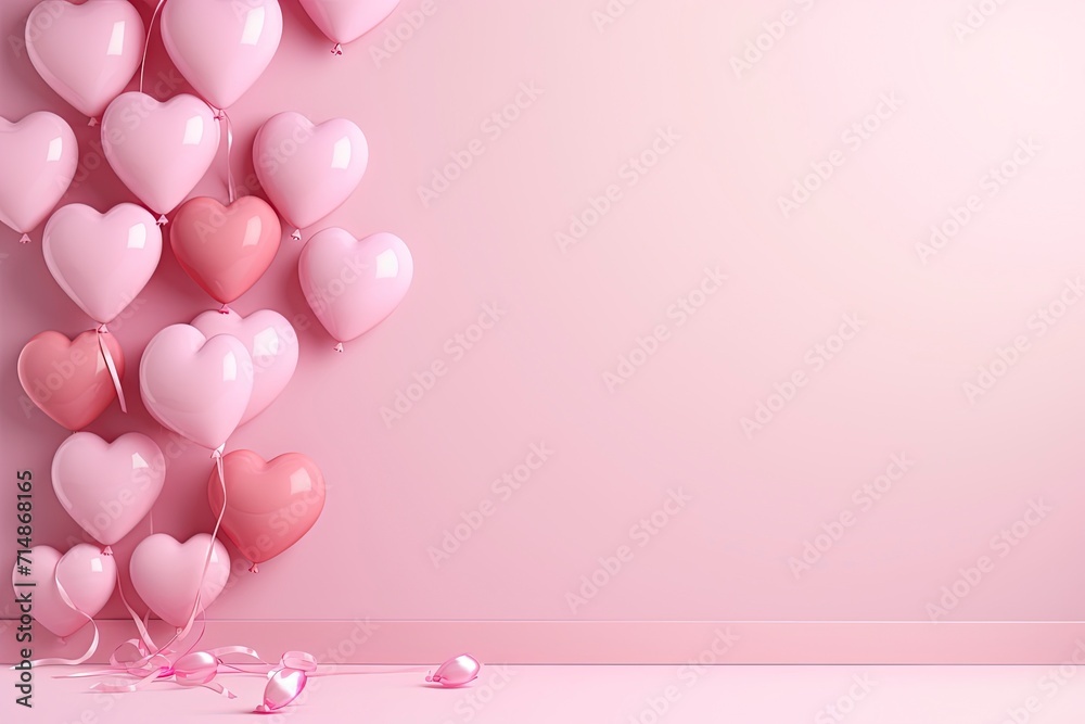 pink back with pink hearts and pink baloons with copy space in the center with generative ai