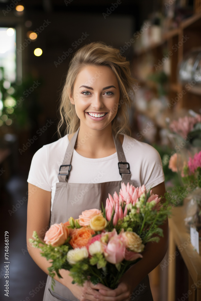 A woman florist arranges a bouquet in a flower shop.