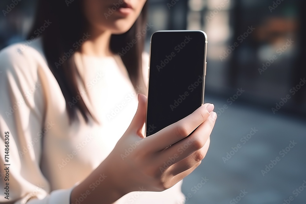 Woman holding smartphone with blank screen, close-up, selective focus. Woman holding smartphone with blank screen, close-up, selective focus.
