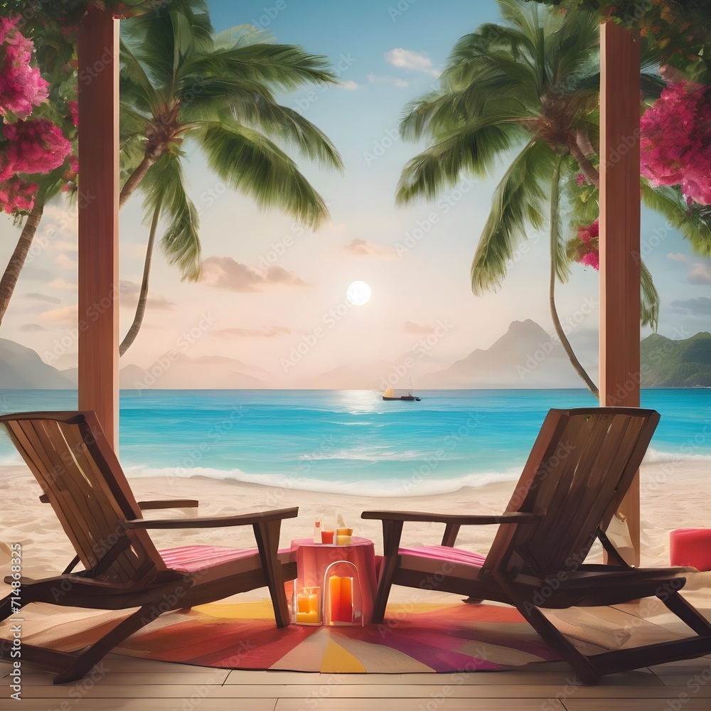 Illustration of Valentine card,heart,wine and gift on summer beach resort background. Honeymoon. Tourism