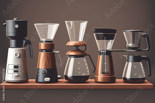 Vintage coffee makers and grinders collection on a light background. photo