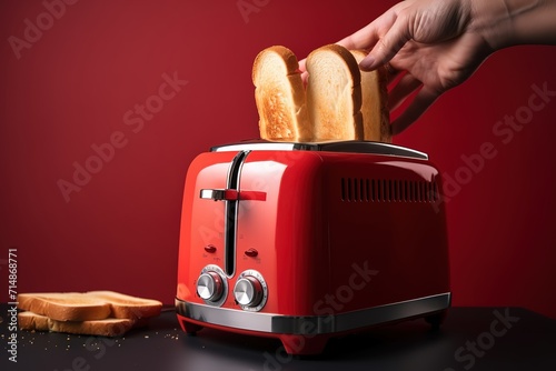 Old Style Photo. Toast popping out of Vintage Red Toaster photo