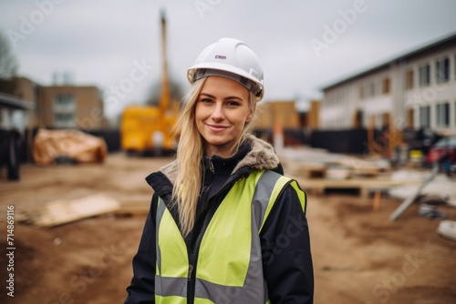 a woman engineer, builder or architect in a helmet against the background of a construction site
