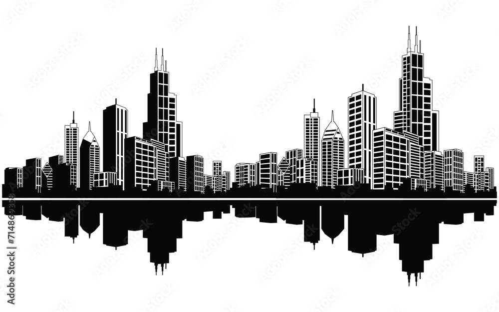 skyline vector, city building black and white