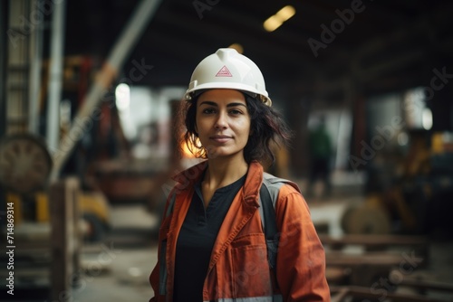 a woman engineer, builder or architect in a helmet against the background of a construction site © Александр Лобач