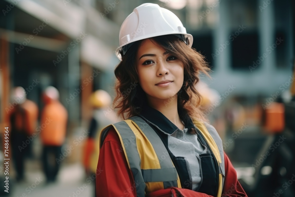 a woman engineer, builder or architect in a helmet against the background of a construction site