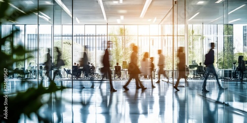 Businesspeople walking at modern office. Concept work process. Business workplace with people in walking in blurred motion in modern office space. photo