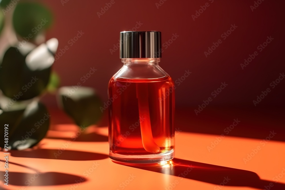 Glass perfume bottle with amber liquid on a vibrant red background with natural sunlight and plant shadow. Glass perfume bottle with amber liquid on a vibrant red background with natural sunlight and plant shadow.