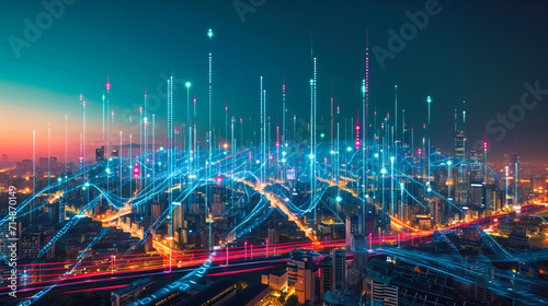 Abstract cityscape background with futuristic elements, representing a digital and interconnected urban environment #714870149