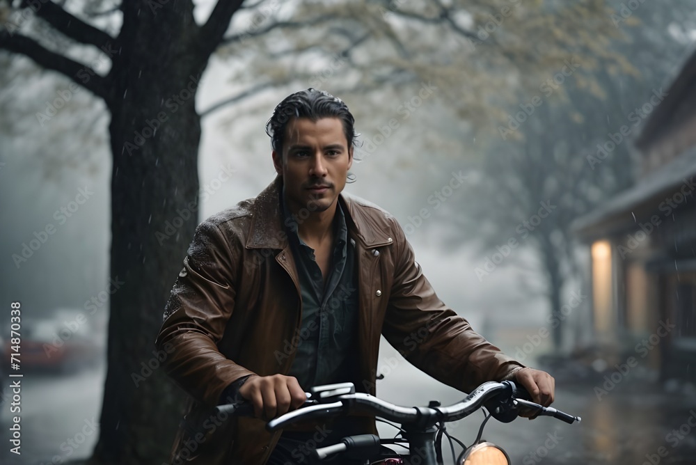 man on bike by the road and rain weather man on bike by the road and rain weather