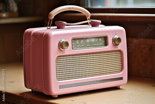 Vintage radio isolated on pastel brown background.Copy and text space.