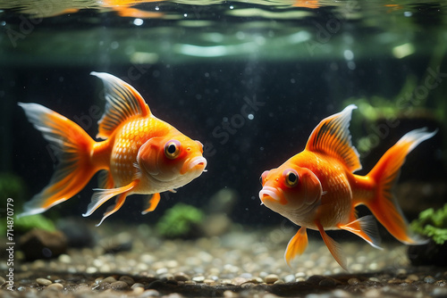 two goldfish swimming together in an aquarium