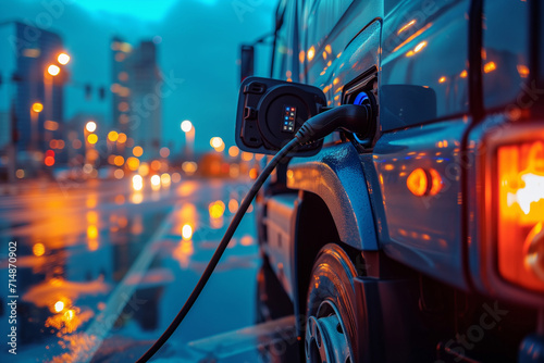 Electric truck, charging, city lights, evening, sustainable, eco-friendly, heavy transport, clean energy, modern design, blue and orange glow, city backdrop, futuristic, zero emissions, plug-in.