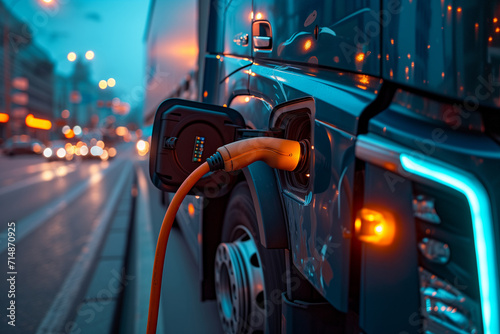 Electric truck, charging, city lights, evening, sustainable, eco-friendly, heavy transport, clean energy, modern design, blue and orange glow, city backdrop, futuristic, zero emissions, plug-in. photo