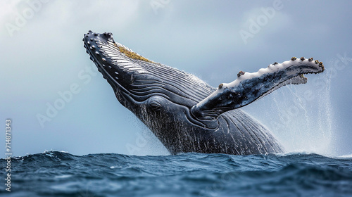 In the azure depths of the ocean, a majestic humpback whale breaches the surface, its colossal body framed by glistening droplets of seawater. The play of light on its iridescent s © Kateryna Arkhypova