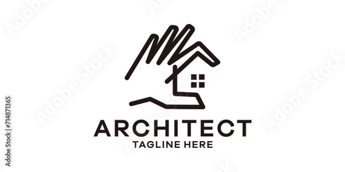 logo design combining the shape of a hand with a house, minimalist line logo design.