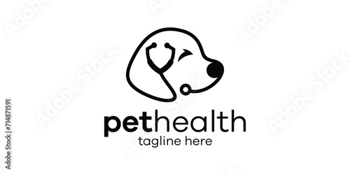 logo design combining the shape of a dog's head with a stethoscope, pet health logo design.