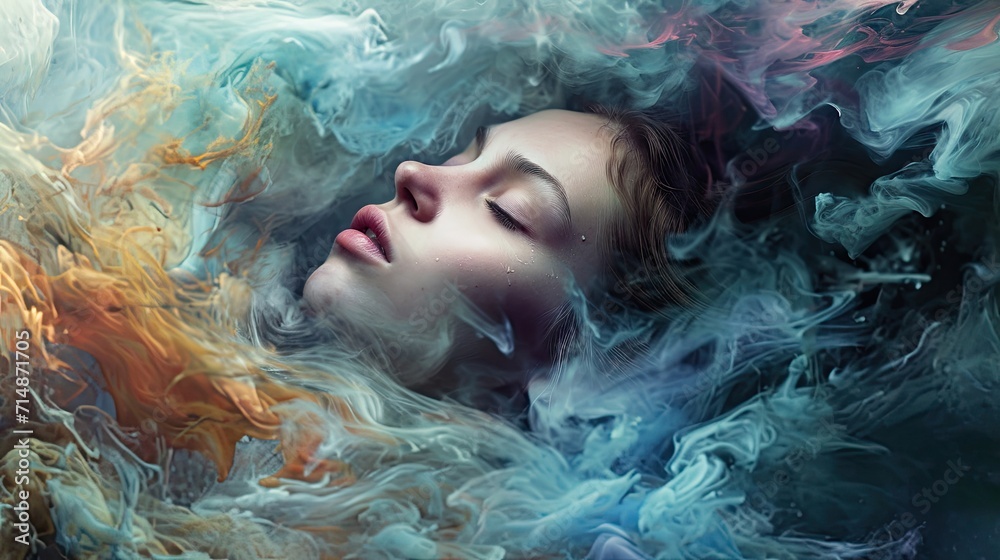 Close-up portrait of a beautiful young woman in a cloud of colored smoke Close-up portrait of a beautiful young woman in a cloud of colored smoke