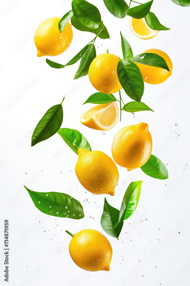 Juicy ripe lemons with green leaves flying on white background