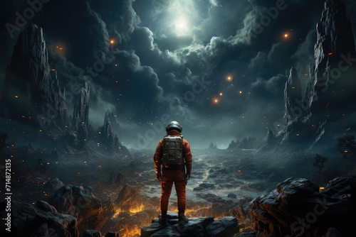 Embark on an otherworldly adventure as a lone astronaut, exploring the rugged terrain of a distant planet in this immersive pc game filled with digital compositing and heart-pumping action