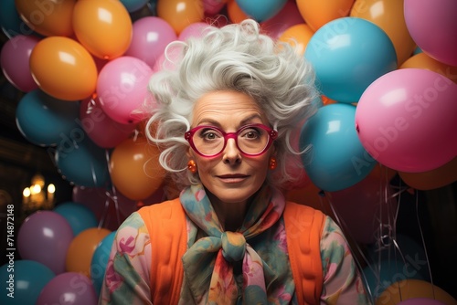 A jubilant woman with stylish glasses beaming with a smile as she holds a colorful bunch of balloons, adding a playful touch to her outfit at a festive party