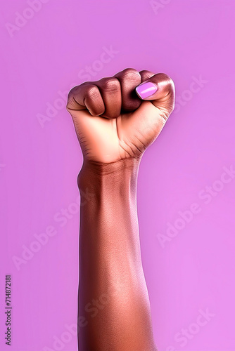 A fist raised up on a lilac background, a symbol of women’s struggle for their rights, a concept for Women’s Day