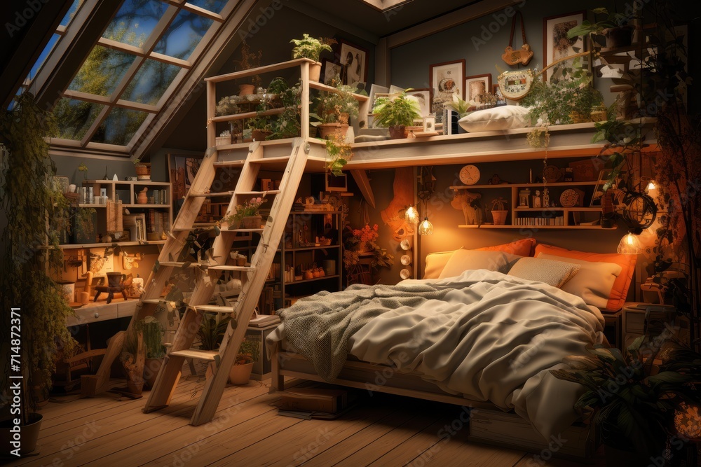 A cozy indoor bedroom with a lofted bed and ladder, surrounded by stylish furniture and adorned with natural light from a large window, inside a beautiful building at night