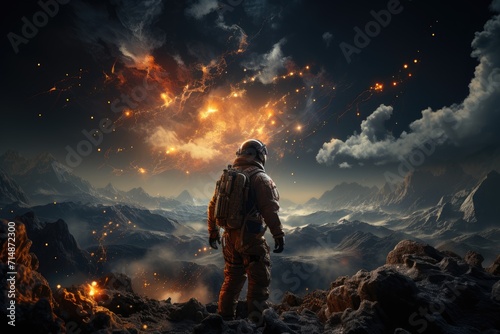 Amidst the fiery wrath of a volcanic mountain, a lone astronaut stands in awe under the vast open sky, enveloped by the scorching heat and untamed nature surrounding him