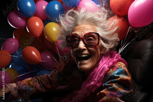 A jubilant woman with a shock of white hair, donning a vibrant pink scarf and stylish sunglasses, stands amidst a colorful array of balloons, radiating pure joy and exuberance at the festive celebrat