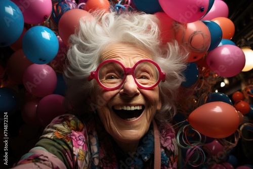 A joyous woman, adorned with pink glasses and surrounded by colorful balloons, radiates pure happiness at an outdoor party