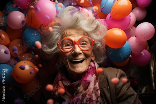 A jubilant woman adorned with spectacles radiantly grins amidst a sea of colorful balloons, exuding a playful and festive vibe