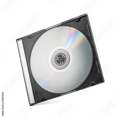 Closed black plastic disc box case CD jewel with silver disk isolated. Transparent PNG image.