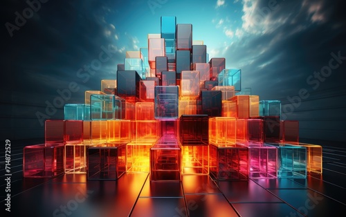 In the dark city night, a skyscraper stands tall, illuminated by a colorful screenshot of art, as a group of cubes dance among the clouds in the sky