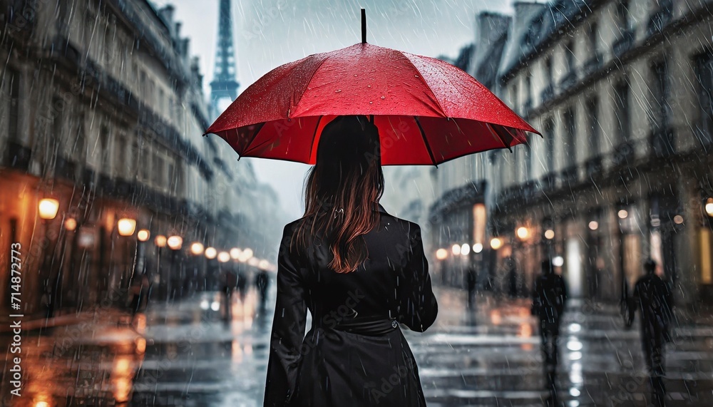 woman in the rain on the street with a red umbrella - obrazy, fototapety, plakaty 