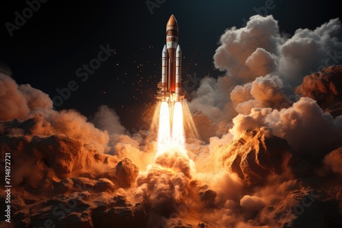 A powerful rocket blasts off from the ground, leaving behind a trail of smoke and anticipation for its journey through space