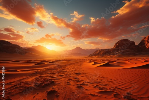 A breathtaking desert landscape at sunset, with majestic mountains silhouetted against the afterglow of the sky, as clouds drift lazily overhead and the sand dunes stretch out towards the horizon